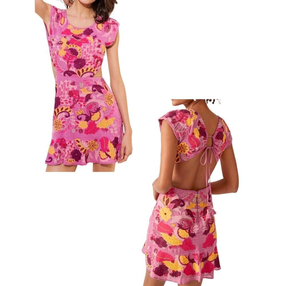 Anthropologie Maeve Embroidered Cut-Out Mini Dress Pink Floral Beaded Boho SZ 2